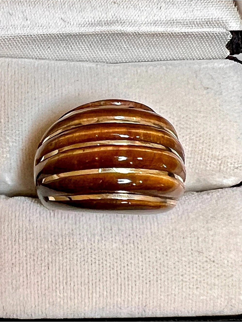 14K Gold Italy Milor Natural Tiger Eye Wide Dome Ring Size 8 Statement